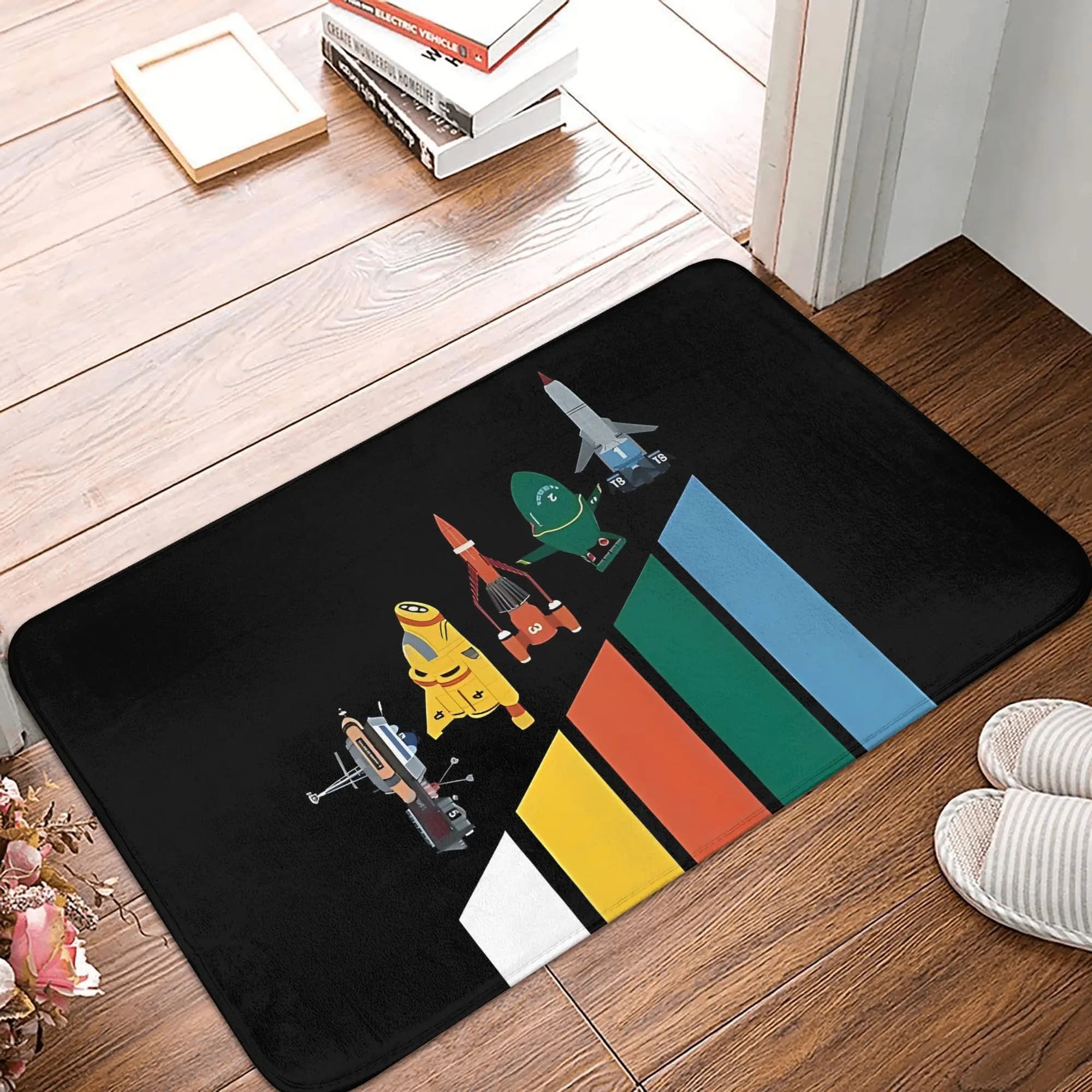 1pc BIIHUDU Space-Themed Doormat - Machine Washable Flannel Mat with Planets & Spaceships Design, Durable Indoor/Outdoor Entrywa