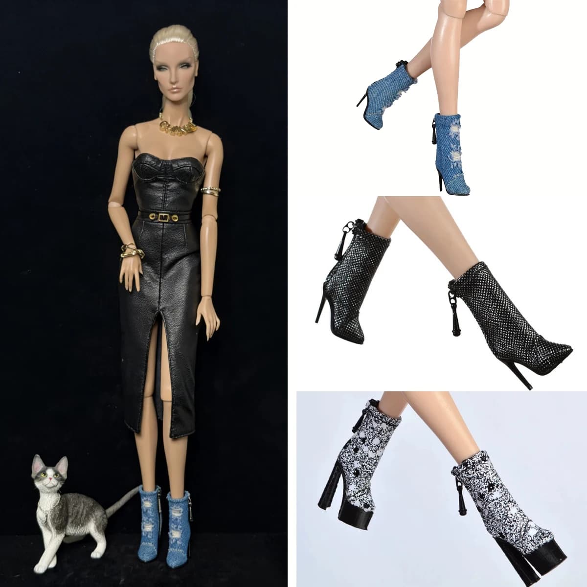 Scarpe per Bambole 1/6, Design Originale per Supermodelli, Stivali alla Moda in Denim con Tacco Alto e Suola Spessa per FR2 Nu.face Babi