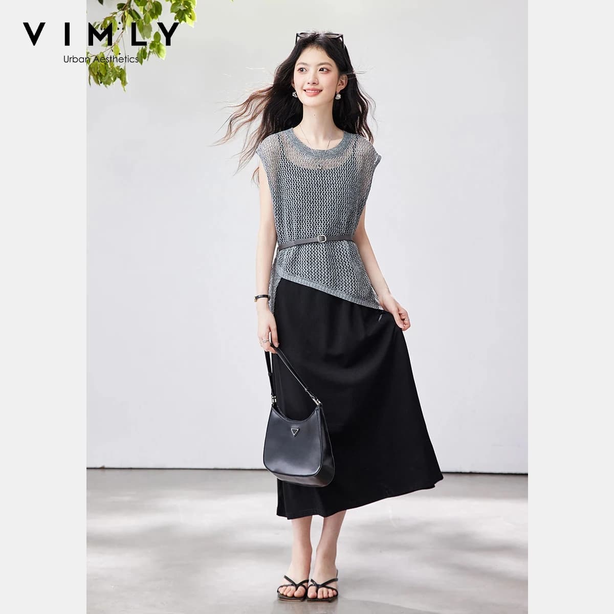 VIMLY Set Abito Casual alla Moda 2026 Nuovo Estivo con Cut-Out, Orlo Asimmetrico, Cintura Staccabile, Top Trasparente e Abito Sottoveste, Completo Due Pezzi 30820