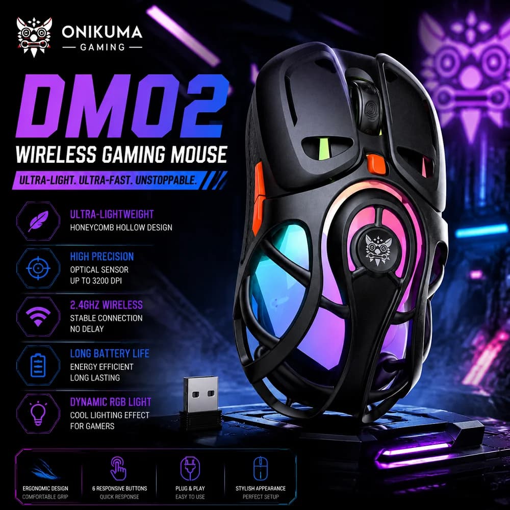 ONIKUMA DM02 2025 New Ultralight Honeycomb Wireless Gaming Mouse | Ergonomic Design, 1000Hz Polling Rate & Long Battery Life