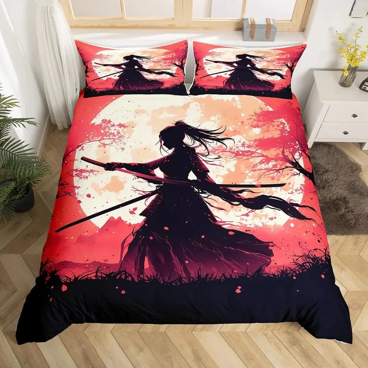 Set biancheria da letto anime Samurai giapponese Pittura Copripiumino stampato in 3D con 1-2 federe Red Sun Hokusai Fuji Mountain King Size