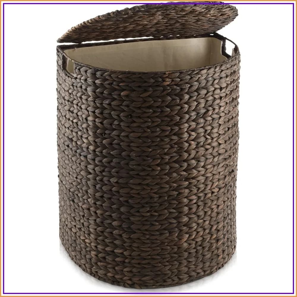 Half Moon Laundry Hamper with Lid and Removable Liner Bag - Woven Water Hyacinth Basket for Clothes and Towels, Dark Brown