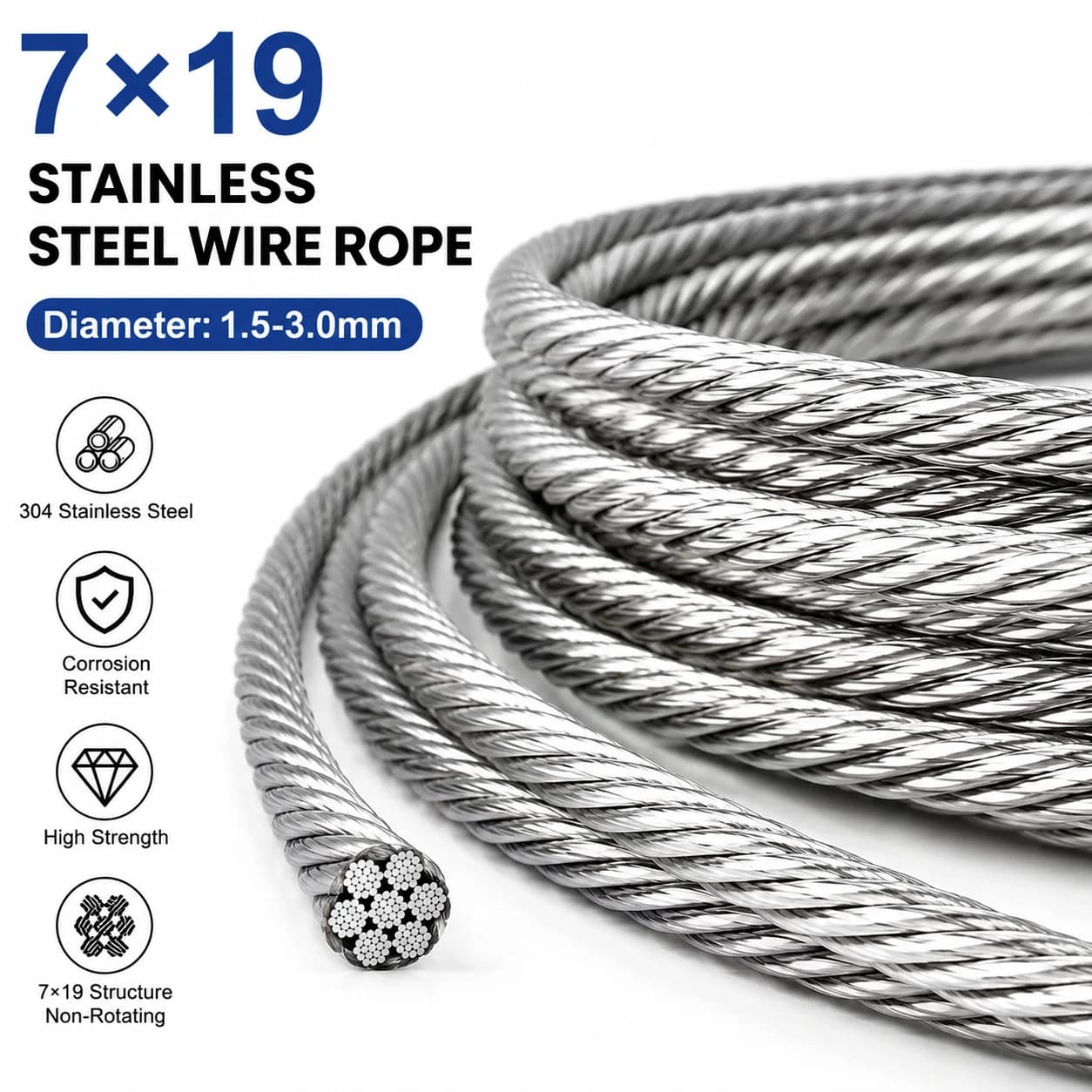 1-2Pcs 5m 304 Stainlesss Steel 7x19 Wire Rope 1.5-3.0mm, Flexible Heavy Duty Cable for Lifting, Rigging, Marine Outdoor Use