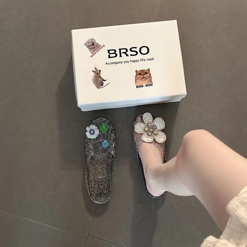 Sandali da donna BRSO con strass a forma di fiore, in cristallo, a punta chiusa, in gelatina, per l'estate, da spiaggia, per casa, casual, traspiranti, antiscivolo