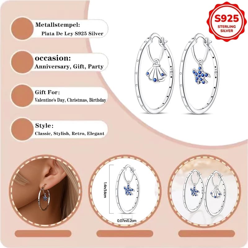 925 Sterling Silver Charms Ocean Star Shell Large Earrings Double Ring Original Women's Fashionable Exquisite DIY Jewelry Gift