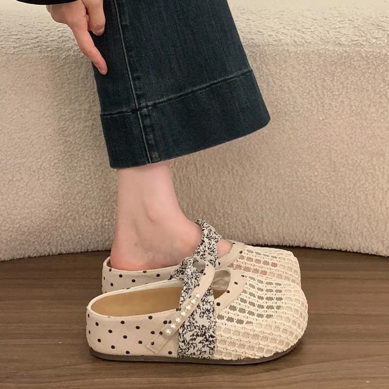 Breathable Mesh Half Slippers for Women,French Polka Dot Pearl Slip-On Slides,Wide Feet Friendly Soft Sole Closed Toe Slippers