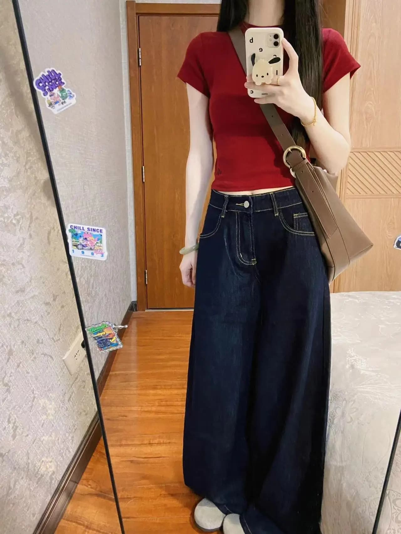 American Retro High Waist Dark Blue Wide Leg Jeans Women's Loose Slimming Long Pants Autumn New Style Durable Straight Cut
