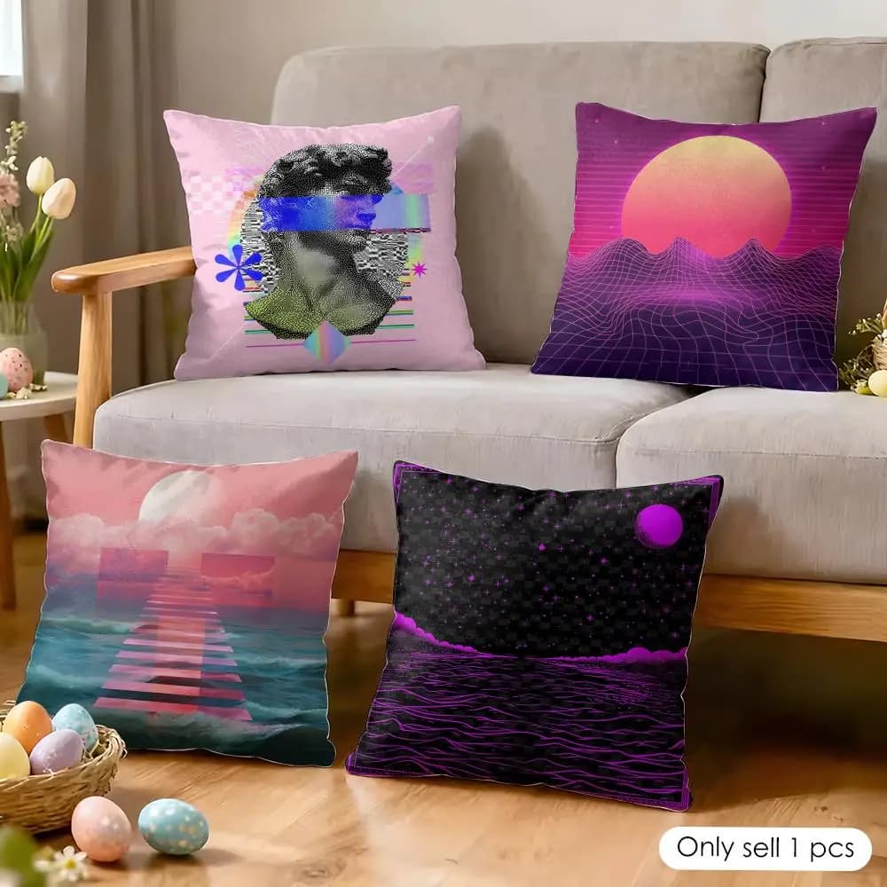 Fodera per cuscino Vaporwave Art in morbido peluche corto, texture liscia e accogliente, estetica, per decorazioni domestiche