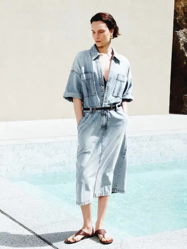 Gonna da donna estiva nuova in denim di cotone e seta con cintura, stile vintage, con bottoni, in misto cotone