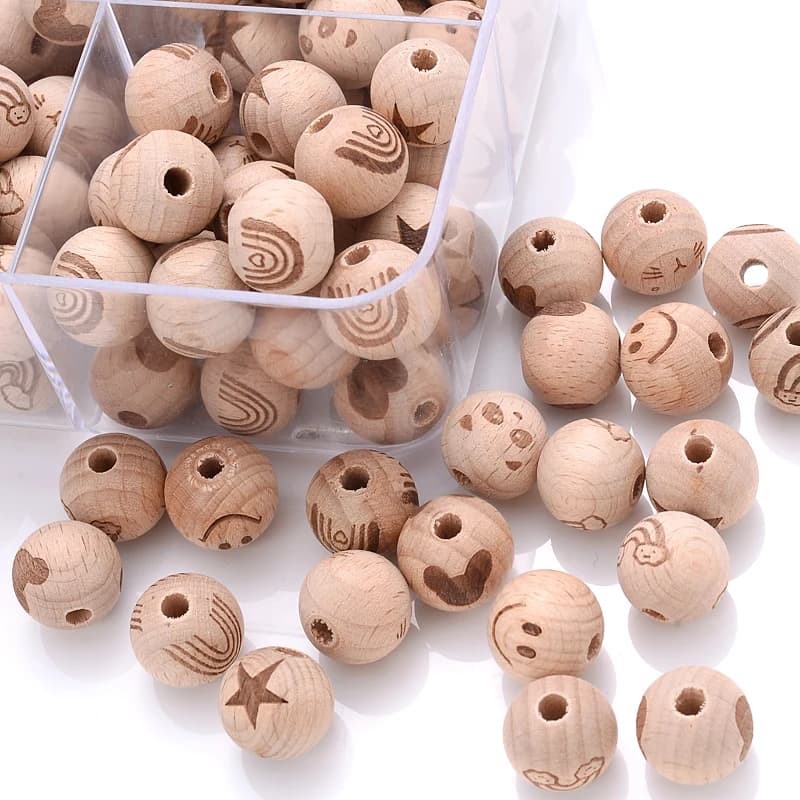 50 pz 16mm perline di legno di faggio stampate su due lati arcobaleno modello animale perline massaggiagengive rotonde per la dentizione della catena del ciuccio