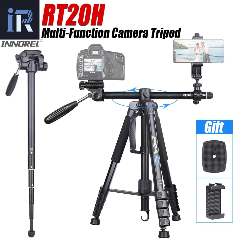Treppiede e monopiede per fotocamera orizzontale RT20H con testa a 360 ° supporto per treppiede professionale in alluminio da viaggio leggero per telefono DSlLR