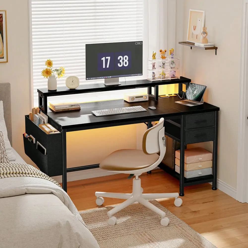 40 Home Office Desk With Power Outlets LED Strip And Monitor Stand, Computer Desk With Drawers Storage Bag For Small Space,Blac