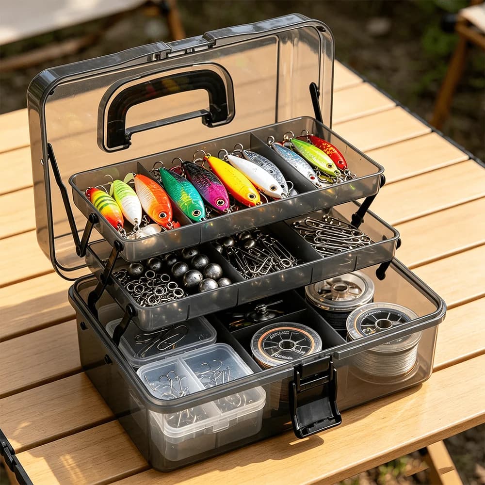 Transparent Gray Fishing Tackle Box, Portable Hard Shell Storage Case With Handle, Double-Layer Trays And Divided Compartments For Lures, Hooks, Weights And Fishing Gear