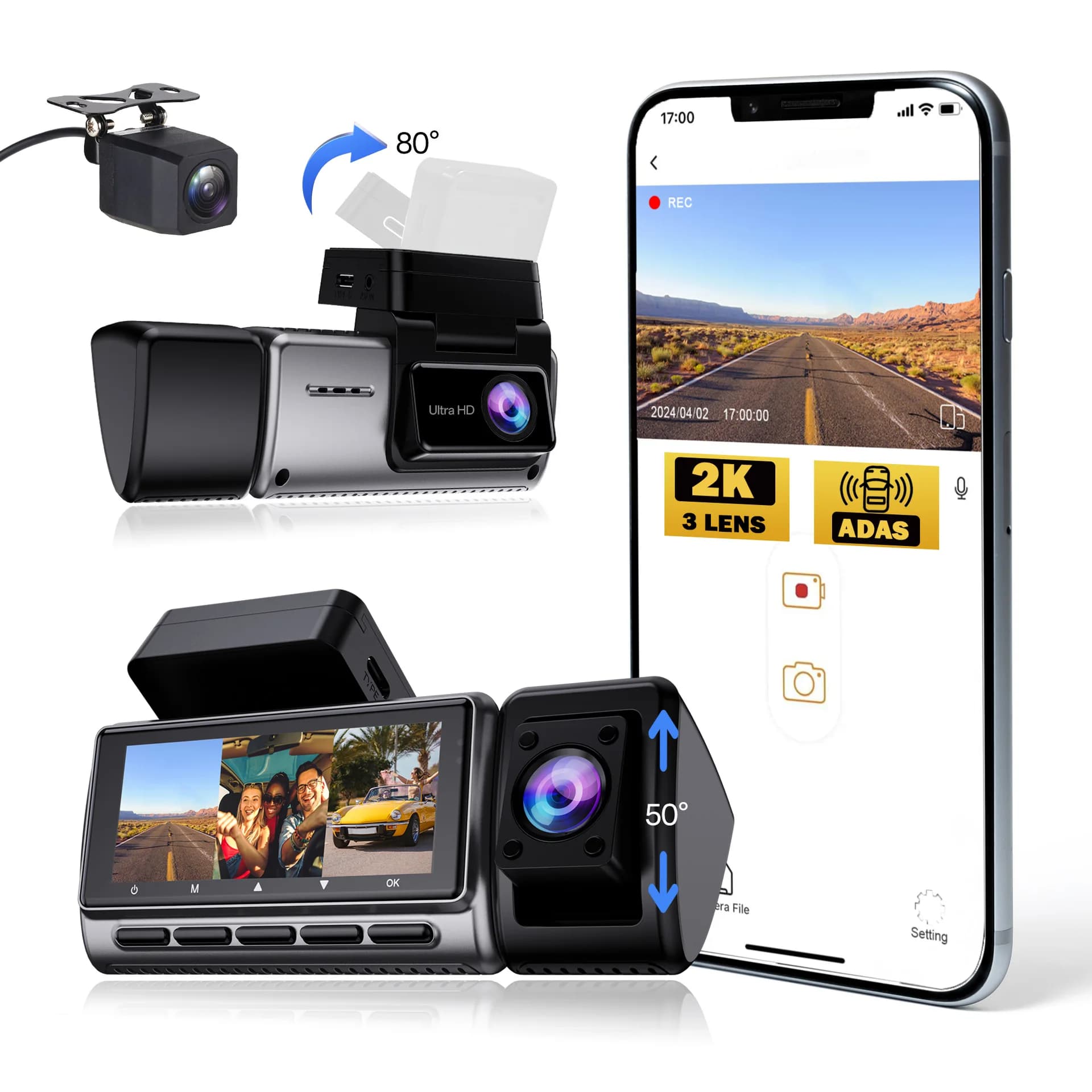 New Cross-border Triple-recording 2K Parking Monitoring 360-degree Panoramic 3.16-inch WIFI Night Vision HD GPS Dashcam