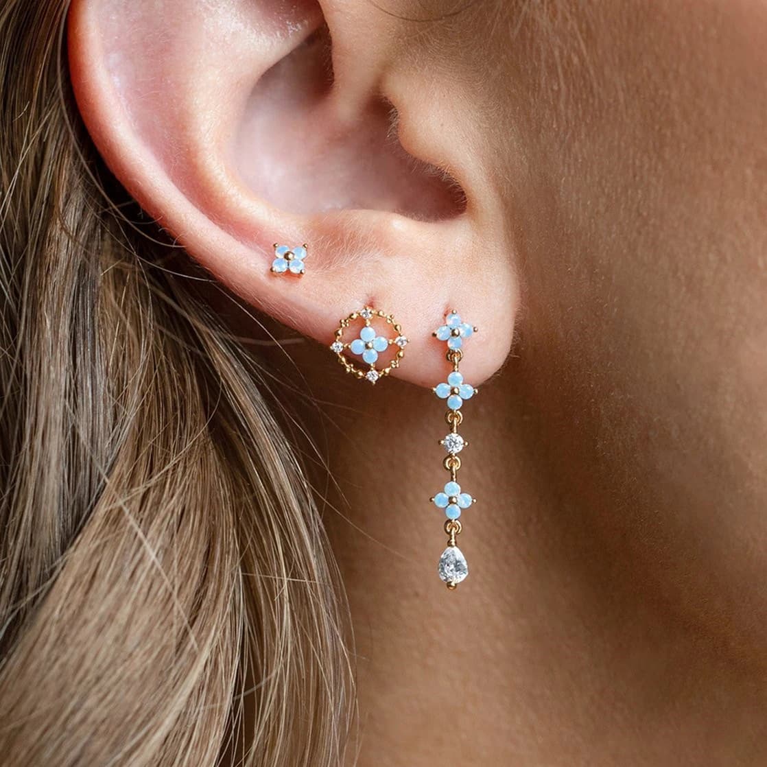 Simple Stainless Steel Blue Flower Stud Earrings For Wome Girls Gold-plated Zirconia Pendant Cartilage Earring Piercing Jewelry