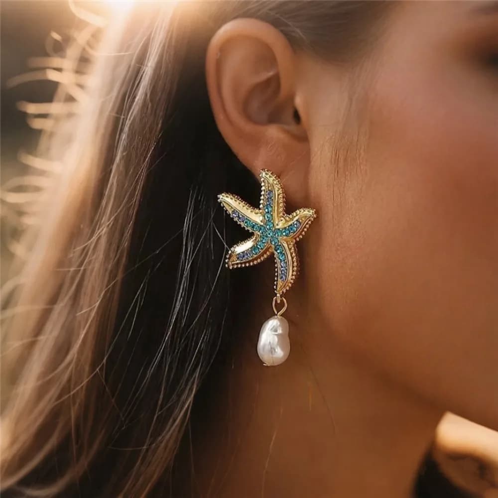 Trendy temperament Baroque imitation pearl tassels Ocean blue rhinestone starfish stud earrings for Women Beach vacation Jewelry