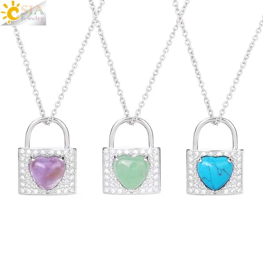 CSJA Collana a catena con ciondolo con lucchetto alla moda per uomo Pietra naturale Cristallo a forma di cuore Collane in acciaio inossidabile Hip Hop Gioielli H057