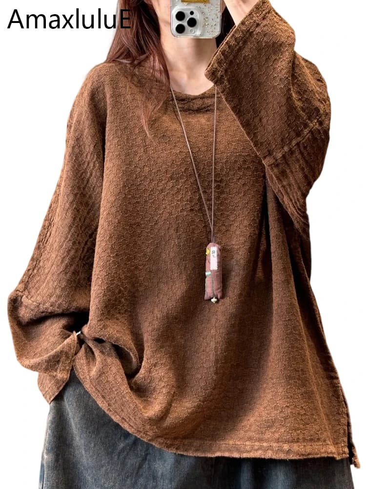 Amax LuluE 2025 Autunno Europeo Vintage Magliette e camicette Delle Donne di Modo Classico Allentato di Grandi Dimensioni T-Shirt Delle Donne Casual Elegante Vestiti di Cotone