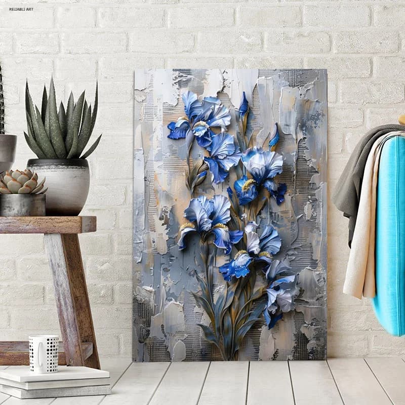 Poster with print on abstract art canvas, a blue flower painting on a wall, decorations for modern house, illustrated pictures, frameless