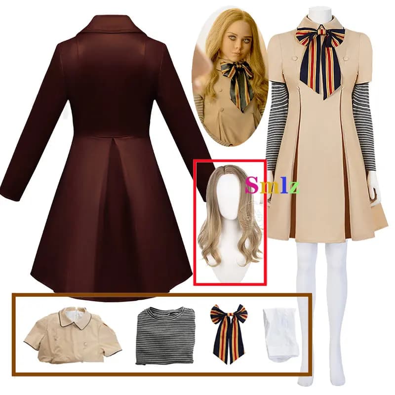 M3GAN Cosplay Giacche marroni Parrucca cosplay anime Megan Dress AI Doll Robots Dress Top Calzini Outfit per ragazze e parrucca cosplay per adulti