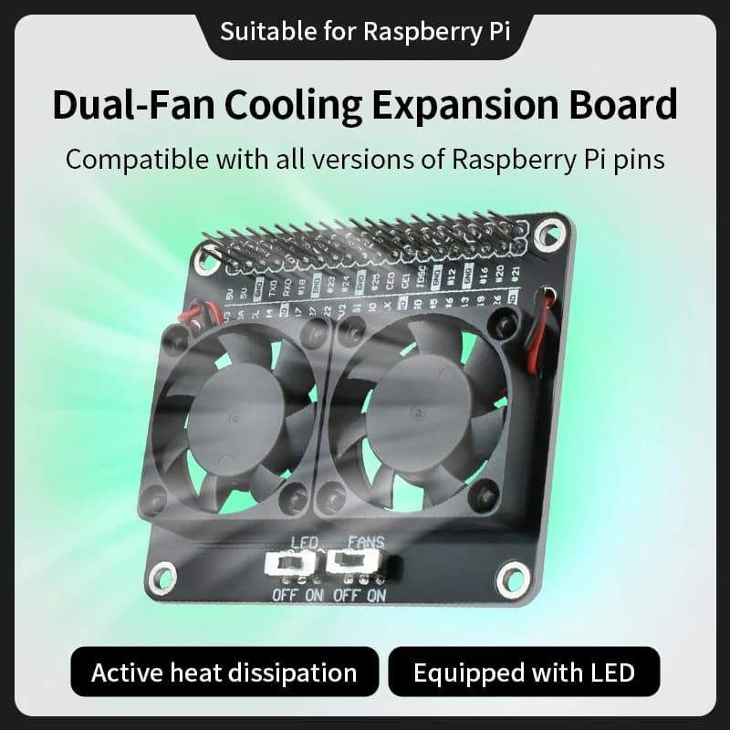 Raspberry Pi Double Cooling Fan Expansion Card GPIO Switch ON/OFF LED Light Active Cooling Device for Raspberry Pi 5 4B 3B+ 3B