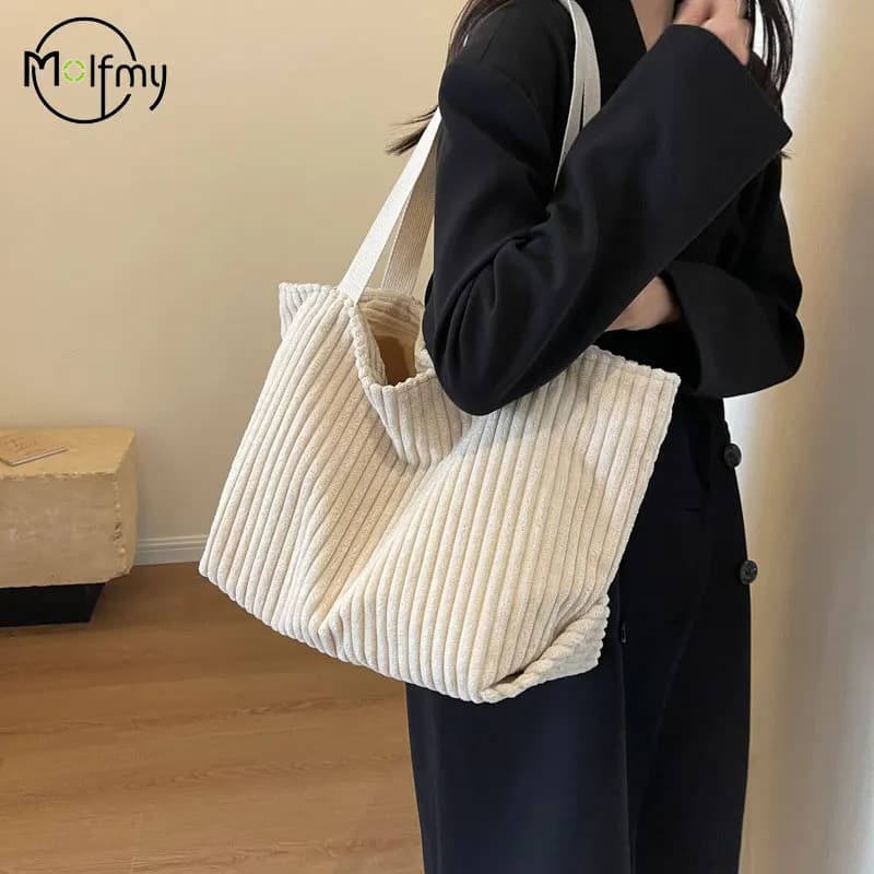 Corduroy Daily Handbag Fashionable Versatile Shoulder Bag for Women Multi-Compartment Zipper Closure Commute Women's Tote Bag