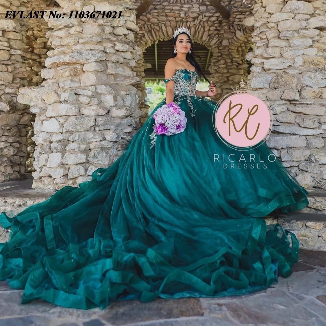 EVLAST Personalizzato Messicano Verde Scuro Abito Quinceanera Abito di Sfera Applique di Pizzo Perline Corsetto Dolce 16 Abiti De Anos SQ357