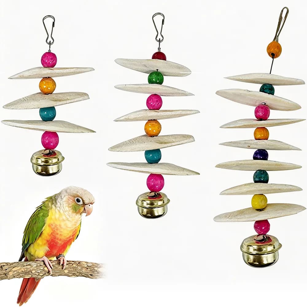 Cuttlebone Wind Chime Toy with Bell for Parrots, Hanging Natural Cuttlefish Bone Chew Toy with Colorful Beads for Budgies
