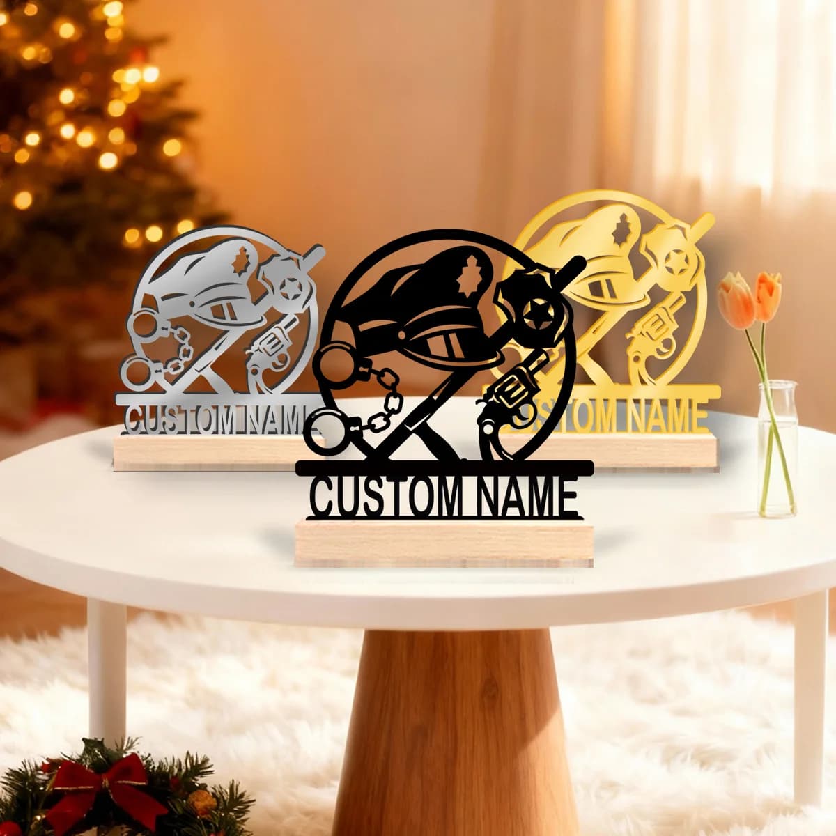 1pc Metal Ornaments with Customizable Names Custom Content With Wooden Base Office Decoration,Christmas and Housewarming Gifts