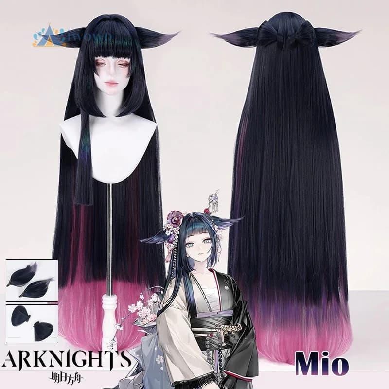 Parrucca cosplay Arknights Mio Viola Rosa Orecchie per capelli lunghi lisci Parrucche sintetiche per donne Ragazze Halloween Gioco di ruolo Cappellino per parrucca gratuito