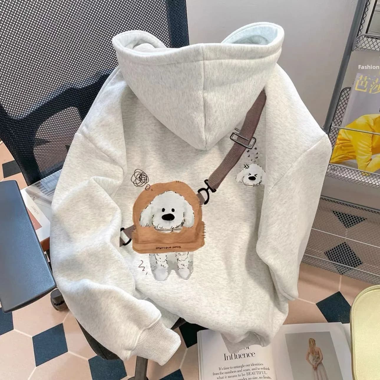Felpa con Cappuccio Oversize con Stampa di Cane Carino, Foderata in Pile, Nuova Collezione Autunno Inverno, Pullover in Cotone per Coppie