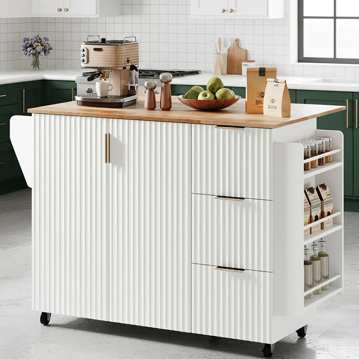 Kitchen Cart With Storage Cabinet Rolling Kitchen Island Cart With Drop Leaf Tabletop Drawers Adjustable Shelves Towel Bar Side Storage Rack Lockable Wheels For Dining Room White