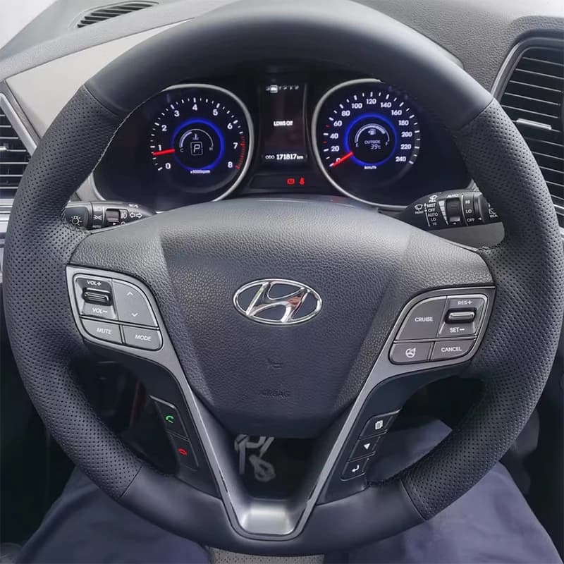 Coprivolante per auto cucito fatto a mano fai da te per Hyundai Santa Fe 2013-2017 Accessori per auto in vera pelle Protezione treccia