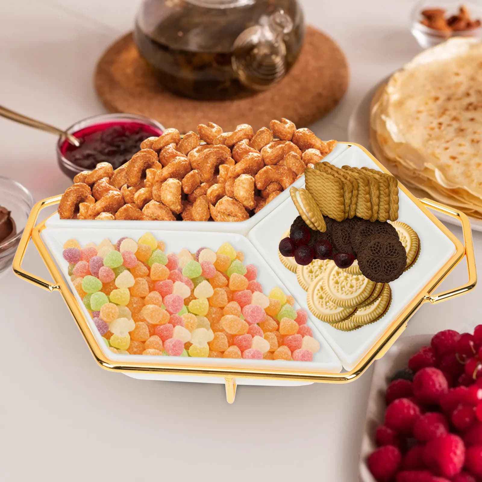 1Set Diamond Pattern Compartment Snack Plate Elegant Serving Dish for Candy Cookies Dried Fruits Nuts Desserts Living Room