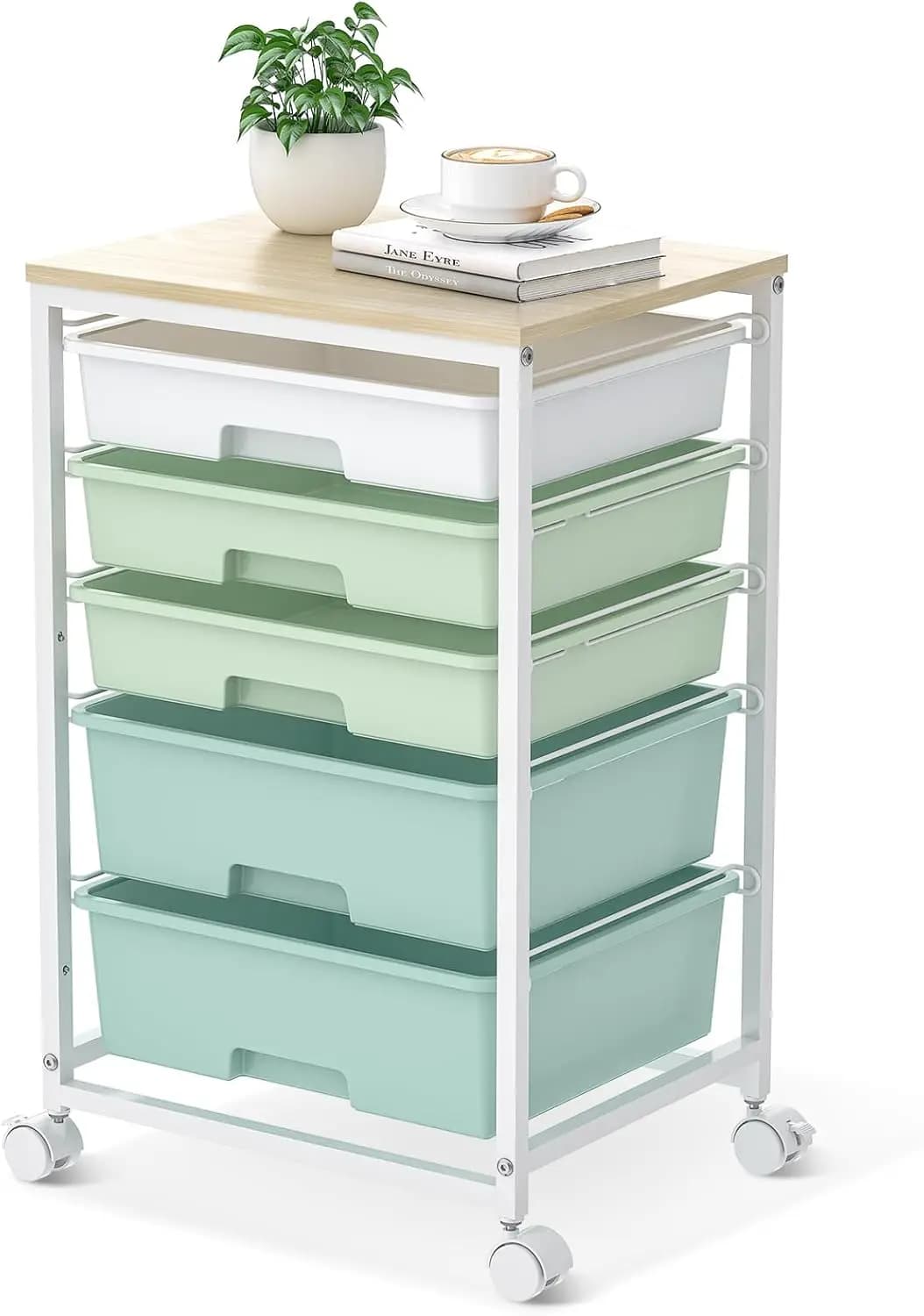 Carrello portaoggetti con ruote a 5 cassetti con piano in legno, verde - Organizer sotto la scrivania per casa e ufficio