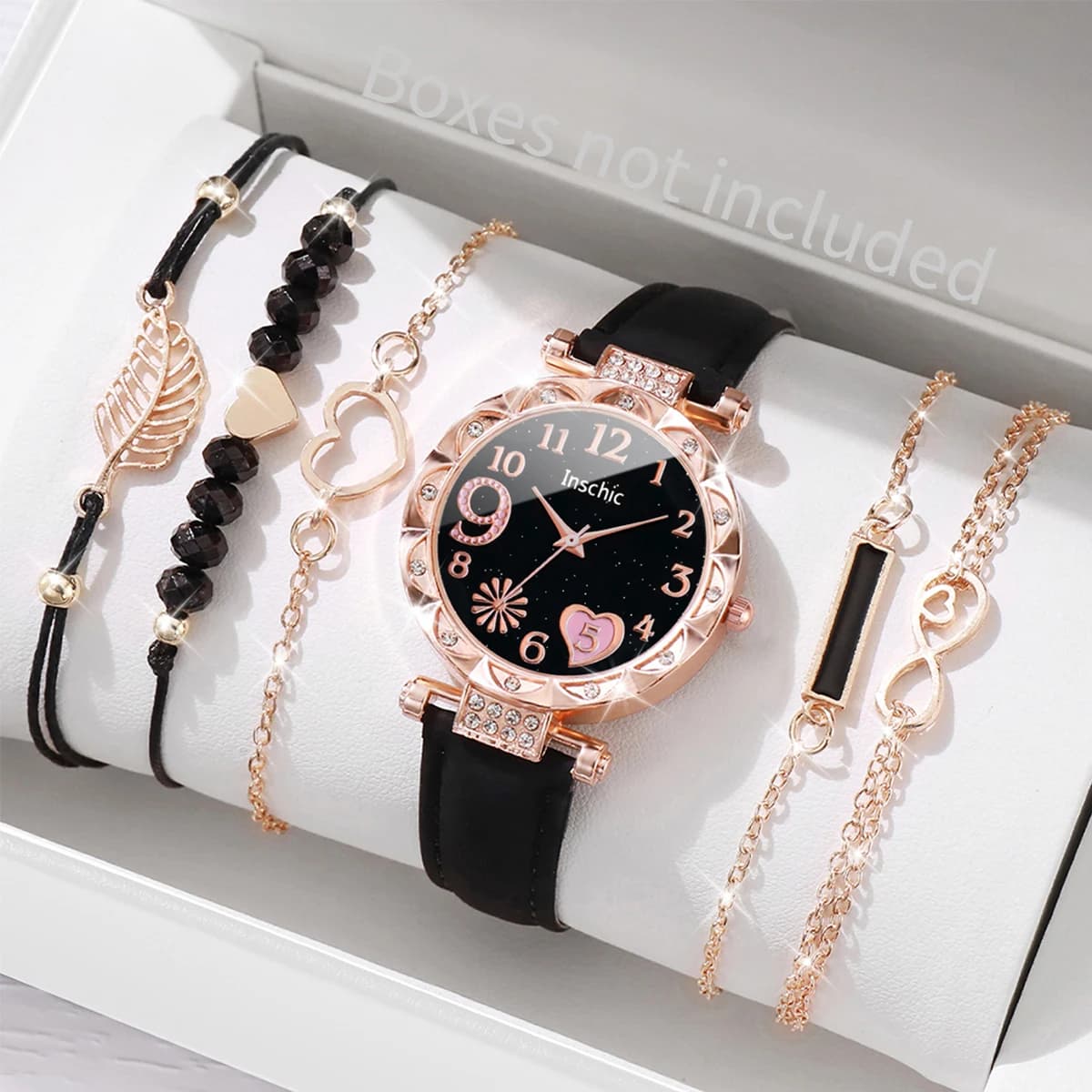 6 pz/set orologi da donna Set di bracciali con foglia di orologio al quarzo con cinturino in pelle con quadrante a cuore di moda (senza scatola)
