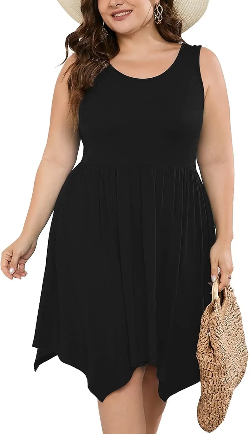 Abito estivo senza maniche taglie forti da donna, casual, girocollo, plissettato, modello babydoll, con tasche, taglie 1X-5X