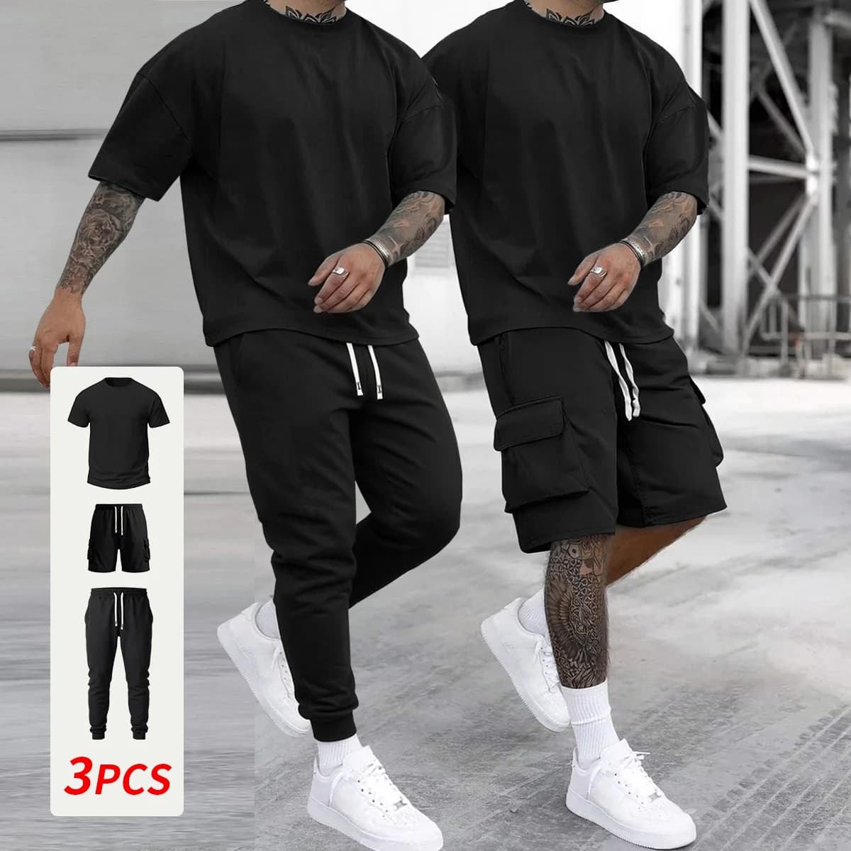 Men's suit in 3 pieces spring/summer with short sleeves and shorts, casual and sporty clothing for everyday, comfortable fabric and minimalist style