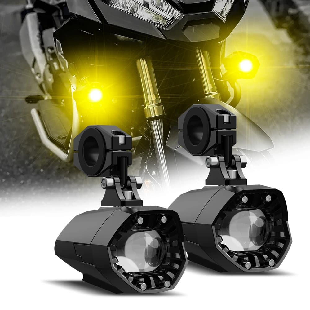 Faro fendinebbia mini da 80W per moto, proiettore universale bicolore bianco-giallo, luce di segnalazione lampeggiante, lampada spot per illuminazione moto
