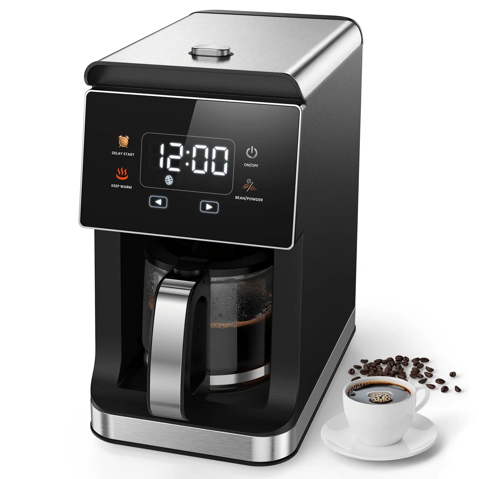 Smart 2-in-1 Coffee Maker with Built-in Grinder • 3 Adjustable Grind Settings • 24-Hour Programmable Delay Brew • 2-Hour Auto Keep-Warm • LED Touch Panel • Compact 5-Cup Capacity • Heat-Resistant Glass Carafe • Sleek Space-Saving Design • Easy-Clean Compo