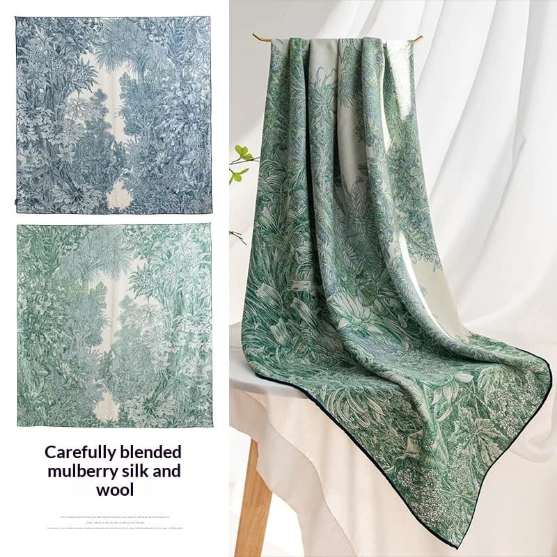 High-end double-sided color silk wool green large square scarf autumn and winter warm silk wool scarf shawl