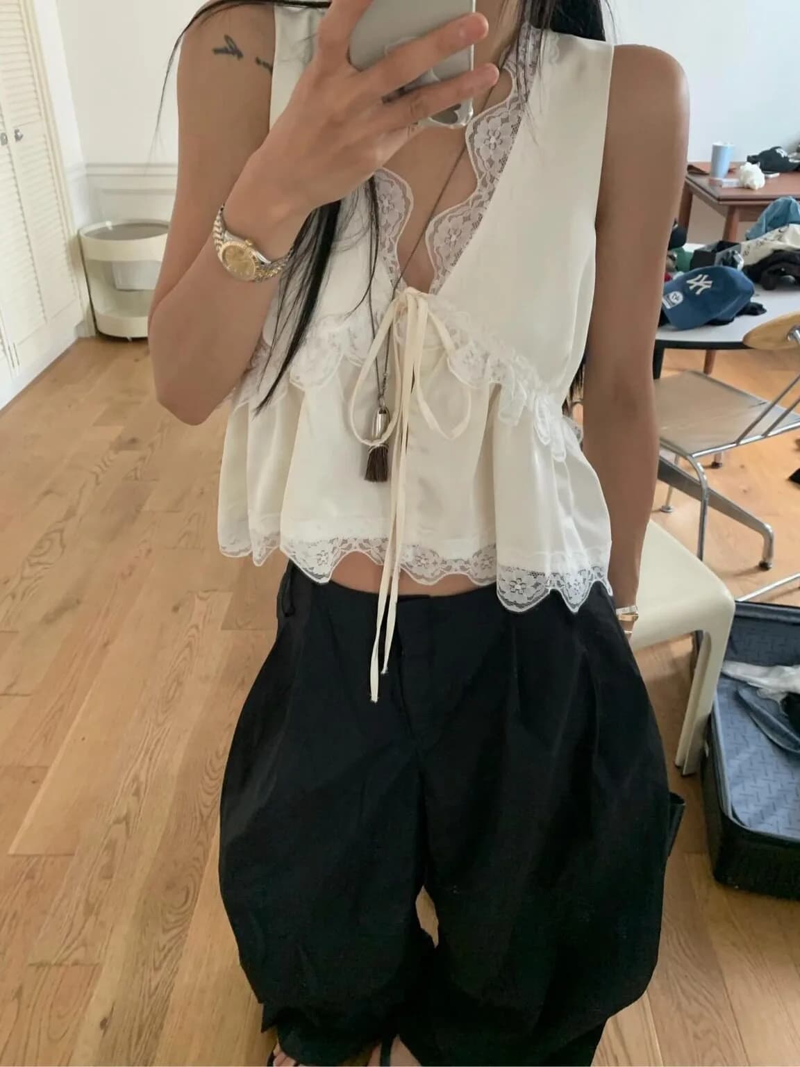 Elegant V-neck Embroidered Lace Vest Women's Fashion Stack Wear Micro Transparent Regular Fit Polyester Fiber Spring Season