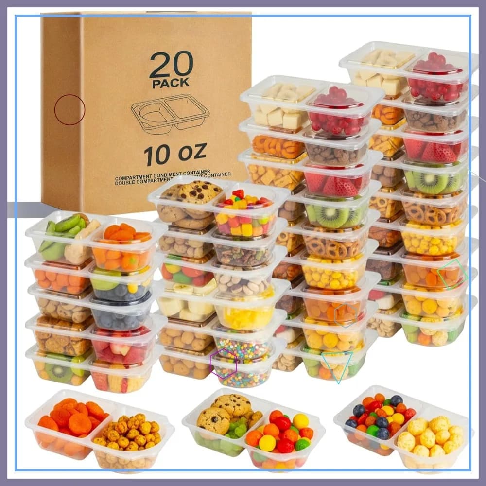 Confezione da 20 Contenitori per Snack con Coperchi, Riutilizzabili a Doppio Scomparto per Preparazione Pasti e Viaggi