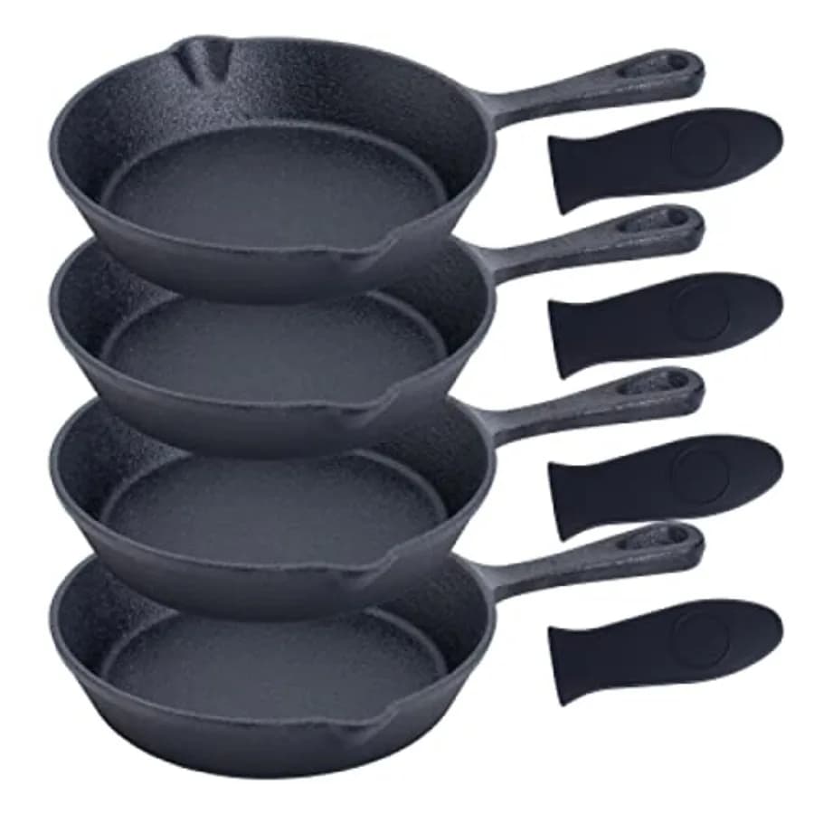 Set di Padelle in Ghisa da 4 Pezzi - Padelle Pretrattate da 6x4 Pollici con Silicone Resistente al Calore - Set Mini Padelle in Ghisa per Fornello