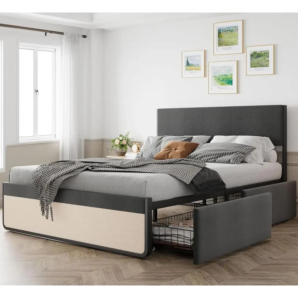 Grey linen double bed with storage drawers, metal slats holder, no top, easy mounting, silent
