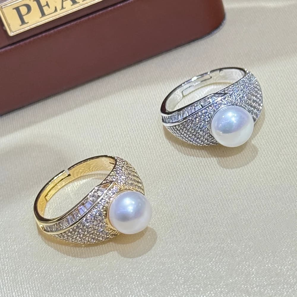Anello con perla reale a forma di stella piena in oro 14 carati, regalo festivo per le donne con perla d'acqua dolce bianca naturale di buona lucentezza da 8-8,5 mm