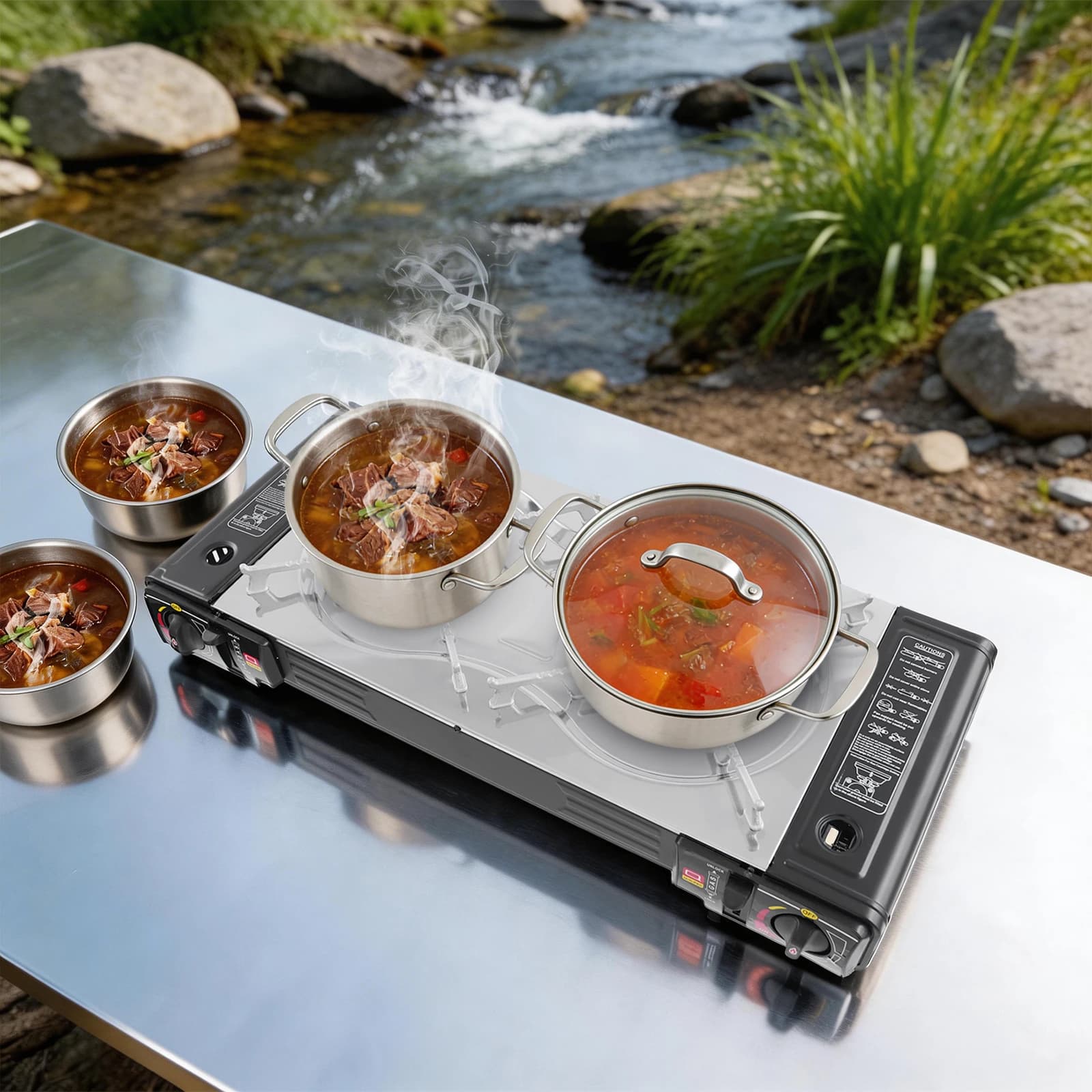 Fornello da Campeggio Portatile a Doppio Bruciatore, Fornello a Gas per Esterni 2100-2500W, Barbecue con Piastra Antiaderente e Custodia per il Trasporto, Ideale per Campeggio, Picnic e Cucina all'Aperto