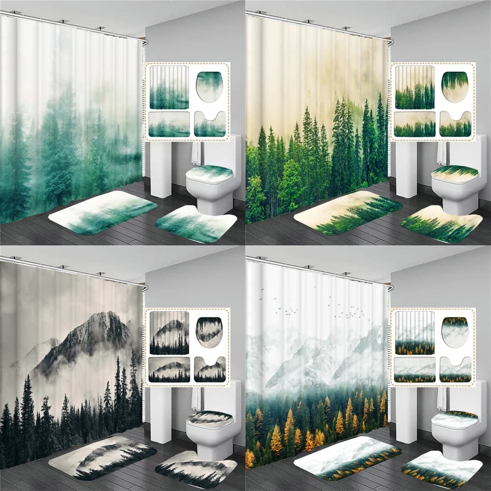 Il nebbia della foresta Paesaggio Tenda da doccia Accessori per il bagno Partizione Set di tappeti e tappetini per tende da bagno in poliestere impermeabile