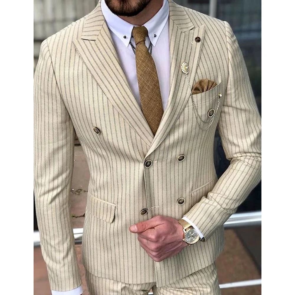 Elegant Stripe Men's Suits Classic Double Breasted 2 Piece Jacket Pants Business Peak Lapel Male Clothing Costume Homme
