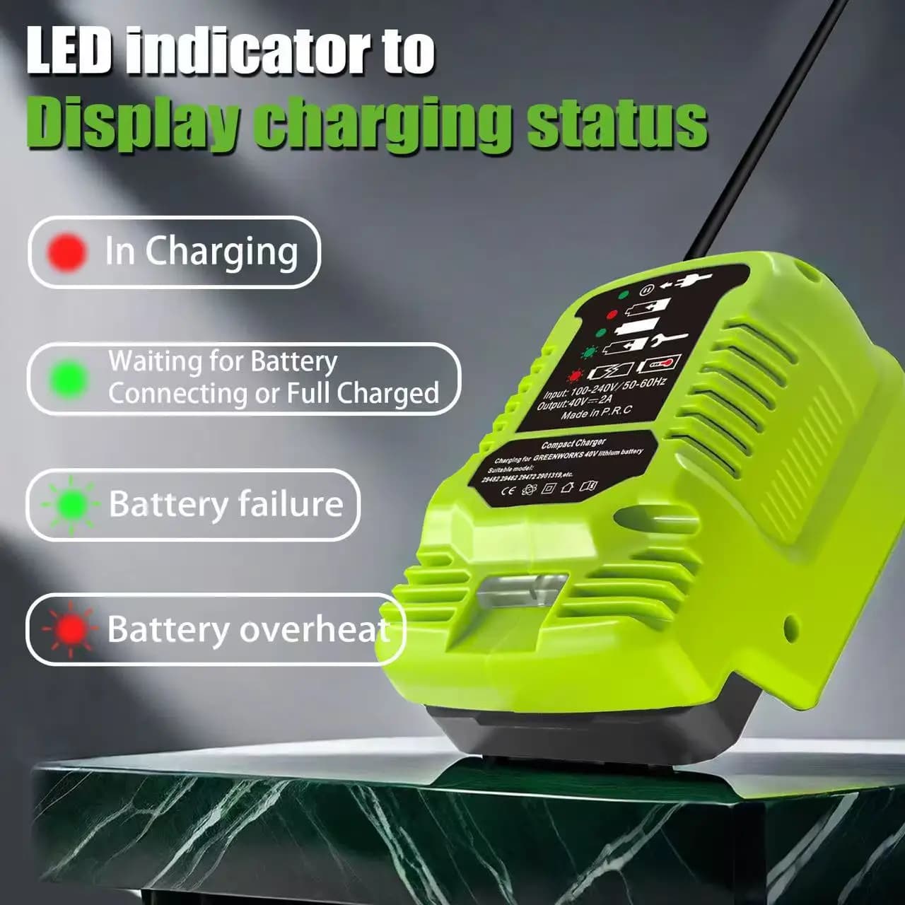 Accessori per elettroutensili Batteria al litio Smart Charge 100-240V Mini caricabatterie rapido per batteria al litio Greenworks 40V Spina americana